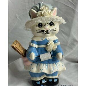 Vintage Arnart Japan Ceramic Kitty Cat Pin Sewing Kit Measuring Tape Pin Cushion